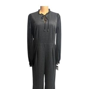 Tommy Hilfiger Women's Dark Gray Wide Leg Jumpsuit Sheer Sleeve Tie Neck Size 12